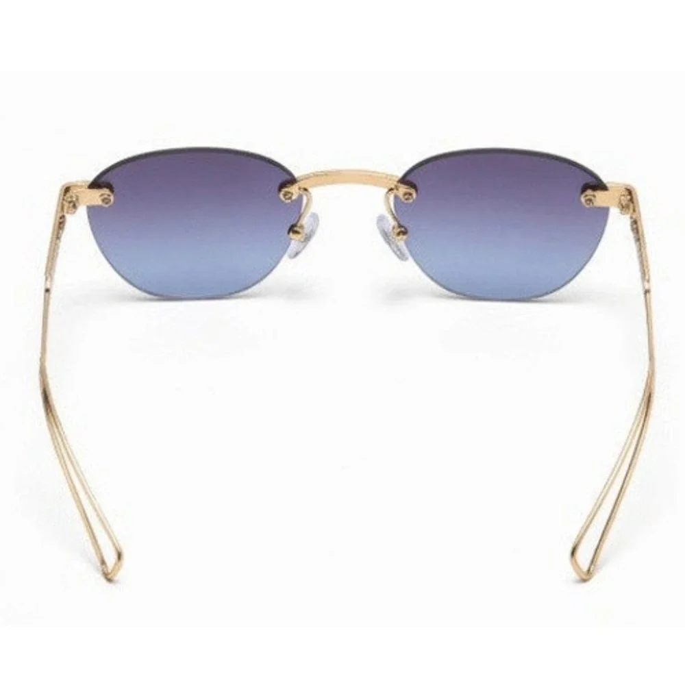 Mens Rimless Gold Textured Sunglasses Navy Blue Gradient Lens Luxury Style Retro